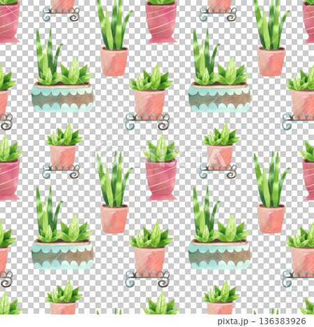 Seamless pattern with houseplants in various pots. Watercolor illustration of green leaves in a simple flat style. Seamless pattern with houseplants in various pots. Watercolor illustration of green leaves in a simple flat style. 136383926