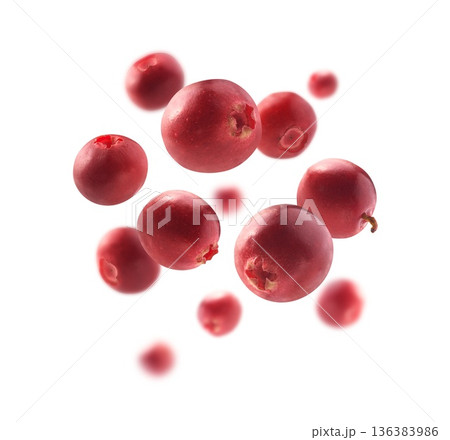 Juicy berries hover with festive bright background. Suspended vibrant berries showcasing crisp texture and seasonal joy on white background 136383986