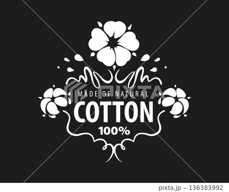 Three cotton blossoms with decorative flourish and symmetrical frame, elegant cotton badge for premium bedding, home textile labels and sustainable lifestyle brands 136383992