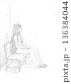 Pencil sketch of topless young woman sitting and waiting at bus stop bench 136384044
