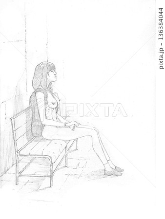 Pencil sketch of topless young woman sitting and waiting at bus stop bench 136384044