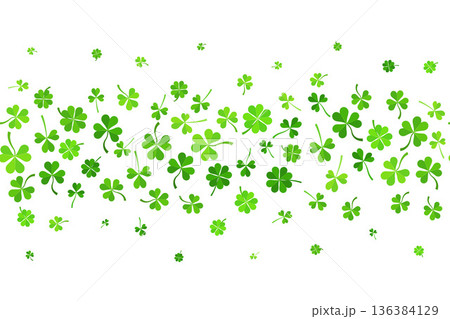 Lucky clover leaves cascade on white background. Festive St. Patricks Day border with shamrock confetti, green trefoil symbols and Irish celebration charm. Vector illustration. 136384129