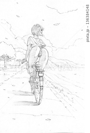 Pencil sketch of bottomless young woman riding bicycle on rural road view from behind 136384148