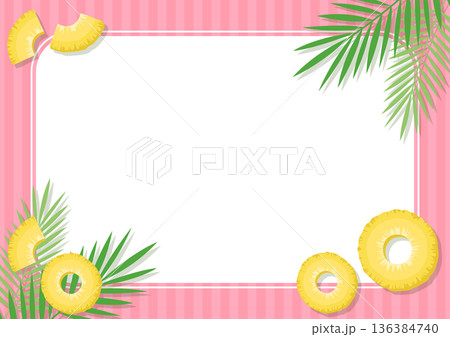 パイナップルとヤシの木の夏休み背景フレーム ピンクのストライプと南国フルーツのベクター素材 136384740