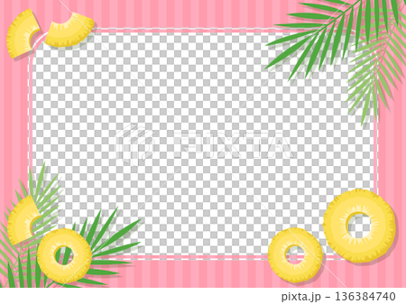 鳳梨和棕櫚樹夏季假日背景框，粉紅色條紋和熱帶水果向量素材 136384740