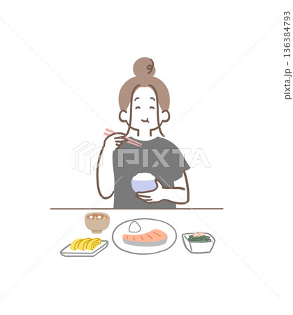 バランスのいい食事をしている女性のイラスト素材 バランスのいい食事をしている女性のイラスト素材 136384793