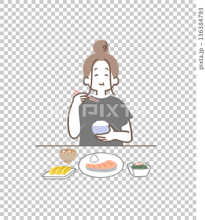 插畫資料：一位女士正在享用均衡飲食 136384793