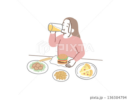 ジャンクフードを食べたりビールを飲む食欲旺盛な女性のイラスト素材 136384794