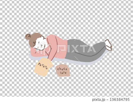 寝転がりながらお菓子を食べる女性のイラスト素材 136384795