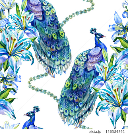 Hand-painted watercolor seamless pattern featuring majestic peacocks perched among elegant blue lilies and delicate pearl beads. This luxurious botanical composition captures exotic birds and blossoms Hand-painted watercolor seamless pattern featuring majestic peacocks perched among elegant blue lilies and delicate pearl beads. This luxurious botanical composition captures exotic birds and blossoms 136384861