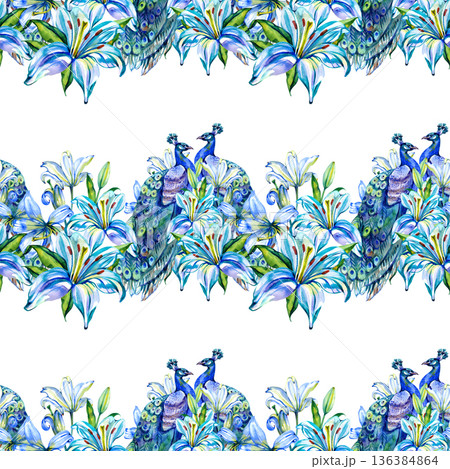 Horizontal seamless watercolor border featuring majestic peacocks nestled among blooming blue lilies. The repeating arrangement showcases intricate feather details and delicate petals in a continuous 136384864