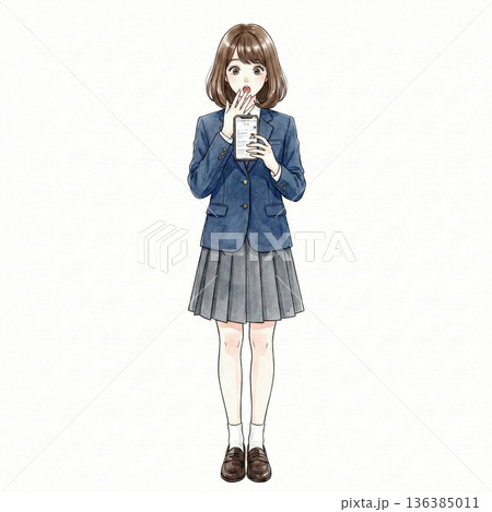 スマホを見て驚く可愛い女子高生　イメージイラスト 136385011