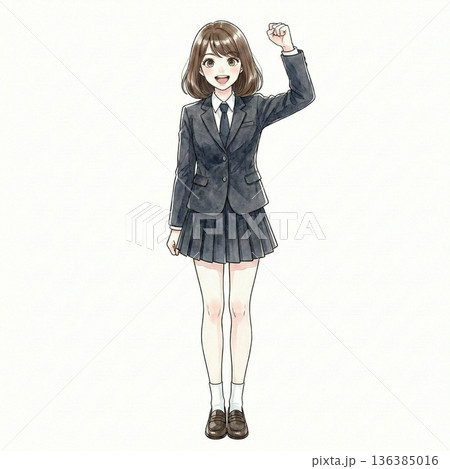 高く拳を上げて応援する可愛い女子高生　イメージイラスト 136385016