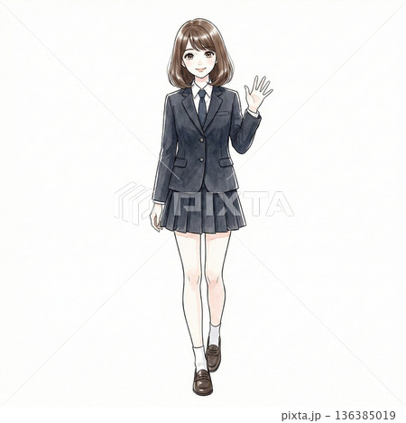 にこやかに手を振る可愛い女子高生　イメージイラスト 136385019