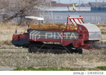 レンコン田の堆肥散布作業 136385218