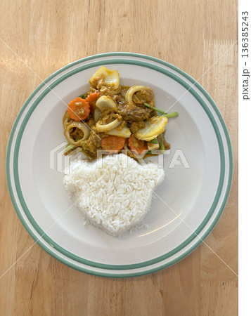 Thai Stir-Fried Squid with Curry Powder and Cute Bear Shaped Rice Thai Stir-Fried Squid with Curry Powder and Cute Bear Shaped Rice 136385243