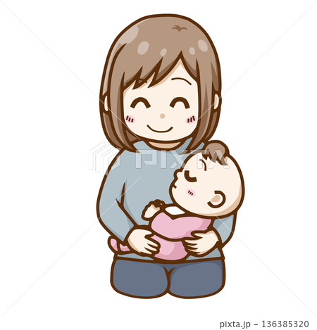 赤ちゃんを優しく抱っこする笑顔の母親（授乳・寝かしつけ） 136385320