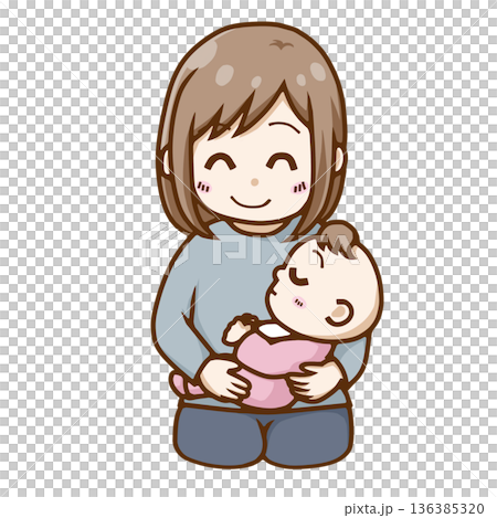 赤ちゃんを優しく抱っこする笑顔の母親（授乳・寝かしつけ） 136385320