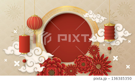 Blank 3D red circle frame and golden striped with clouds, flowers and paper lanterns Chinese style on beige background. 136385350