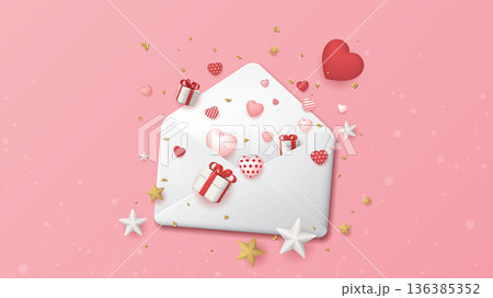 Heart balloons, gift boxes, stars and golden confetti floated out of the envelope on pink background 136385352