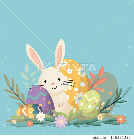 Cute Easter bunny and decorated eggs hand drawn style in the bush on light blue background Cute Easter bunny and decorated eggs hand drawn style in the bush on light blue background 136385353