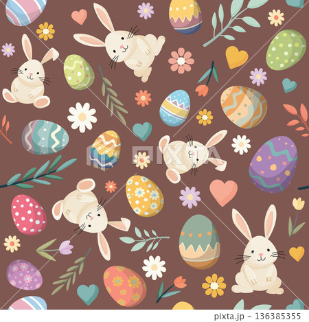 Cute Easter elements hand drawn seamless pattern with brown square background 136385355
