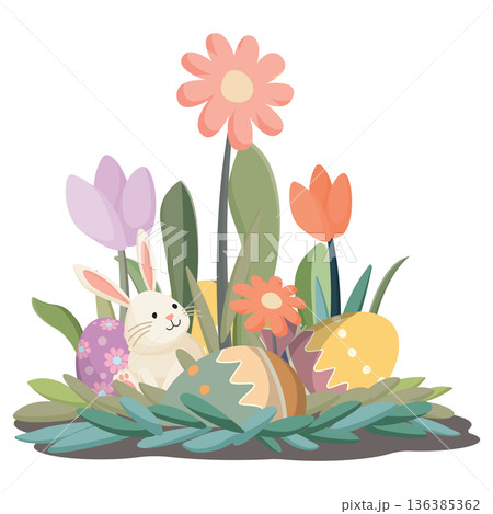 Cute Easter bunny with decorated eggs in the bush hand drawn style isolated on white background. Cute Easter bunny with decorated eggs in the bush hand drawn style isolated on white background. 136385362