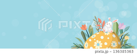 Cute Easter bunny on decorated egg in the bush hand drawn style with soft bokeh light blue background have blank space. Cute Easter bunny on decorated egg in the bush hand drawn style with soft bokeh light blue background have blank space. 136385363