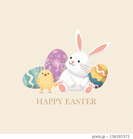 Cute bunny, chick and Easter eggs hand drawn style with bond paper texture beige color background. 136385371