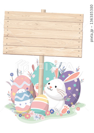 Cute bunny and Easter eggs with blank wooden signboard hand drawn style on white background. 136385380