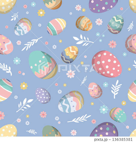 Cute pastel Easter eggs hand drawn seamless pattern with light blue square background 136385381