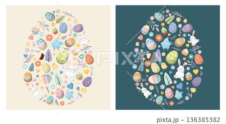 Set of abstract Easter egg from cute pastel Easter elements hand drawn style on beige and green square background. 136385382