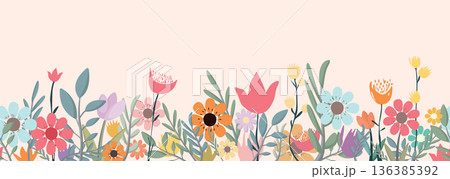 Cute spring flowers illustrated hand drawn style seamless pattern have blank space. 136385392