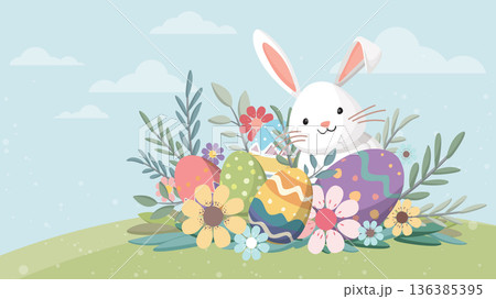 Cute bunny with many Easter eggs and colorful flowers hand drawn style. 136385395