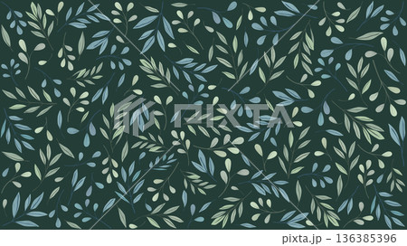 Various green leaves pattern hand drawn style on green background 136385396