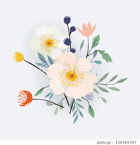 Cute spring flowers illustrated hand drawn style with old bond paper texture background. 136385397