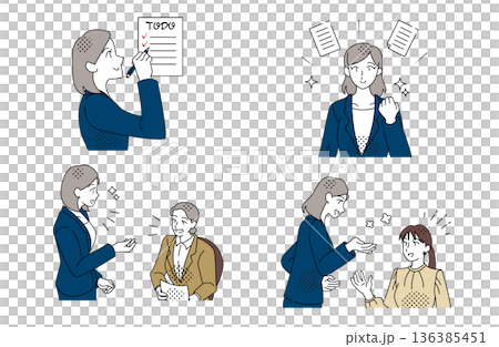 一組插畫，描繪了一位能夠有效率地管理任務並流暢溝通的女性強人。 136385451