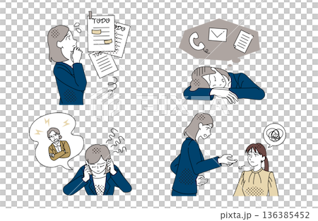 Illustration set of a businesswoman with work worries and business troubles 136385452