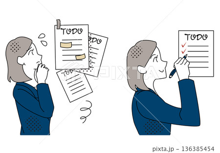タスクに悩み整理して完了させるビジネスウーマンのイラスト タスクに悩み整理して完了させるビジネスウーマンのイラスト 136385454