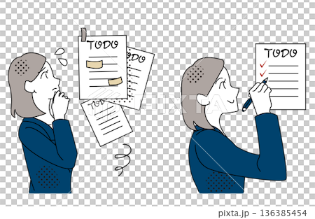 タスクに悩み整理して完了させるビジネスウーマンのイラスト タスクに悩み整理して完了させるビジネスウーマンのイラスト 136385454