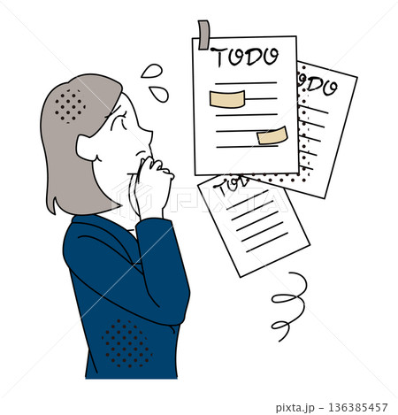 タスクが多く整理前で考え込むビジネスウーマンのイラスト 136385457