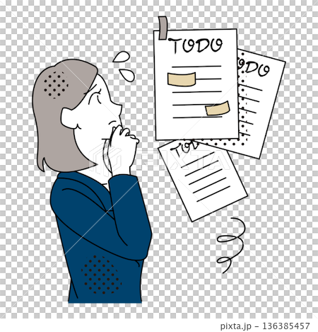 タスクが多く整理前で考え込むビジネスウーマンのイラスト 136385457