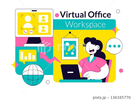 Virtual Office Workspace Vector Illustration For Remote Work Business Technology Concept In Modern Digital Flat Style Background 136385770