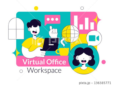 Virtual Office Workspace Vector Illustration For Remote Work Business Technology Concept In Modern Digital Flat Style Background 136385771