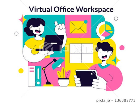 Virtual Office Workspace Vector Illustration For Remote Work Business Technology Concept In Modern Digital Flat Style Background 136385773