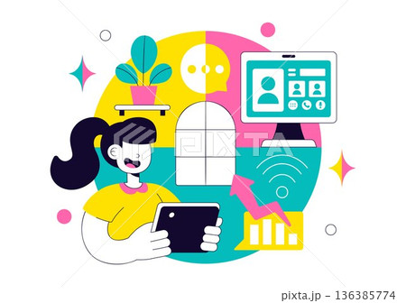 Virtual Office Workspace Vector Illustration For Remote Work Business Technology Concept In Modern Digital Flat Style Background 136385774