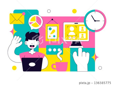 Virtual Office Workspace Vector Illustration For Remote Work Business Technology Concept In Modern Digital Flat Style Background 136385775