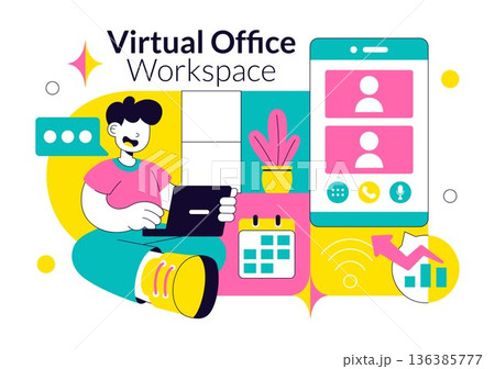 Virtual Office Workspace Vector Illustration For Remote Work Business Technology Concept In Modern Digital Flat Style Background 136385777
