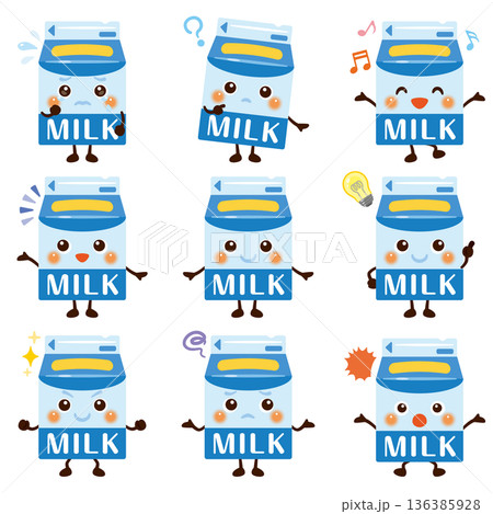牛乳のキャラクターイラスト　表情セット 136385928