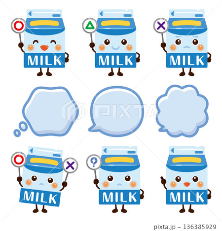 ○×△の札を持った牛乳のキャラクターイラスト 136385929
